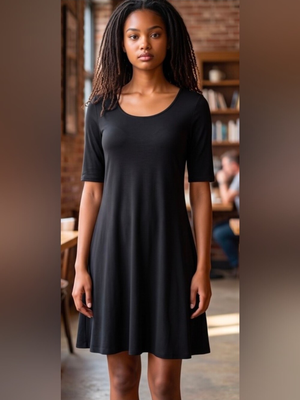 Eileen Fisher Black Scoop Swing Dress 29" length ⅓ sleeve sz SPetite